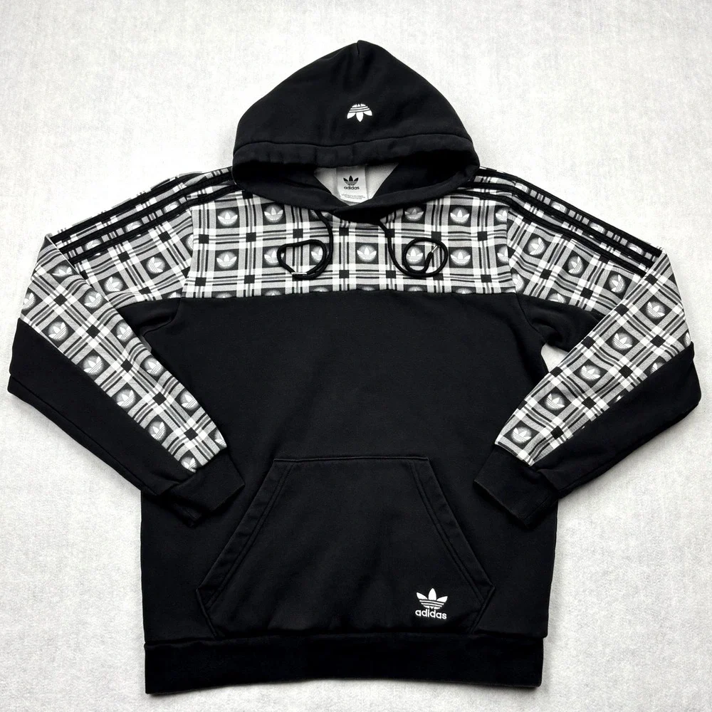 adidas Originals Hoodie Mens Small Black White Plaid Tartan Pullover Fleece